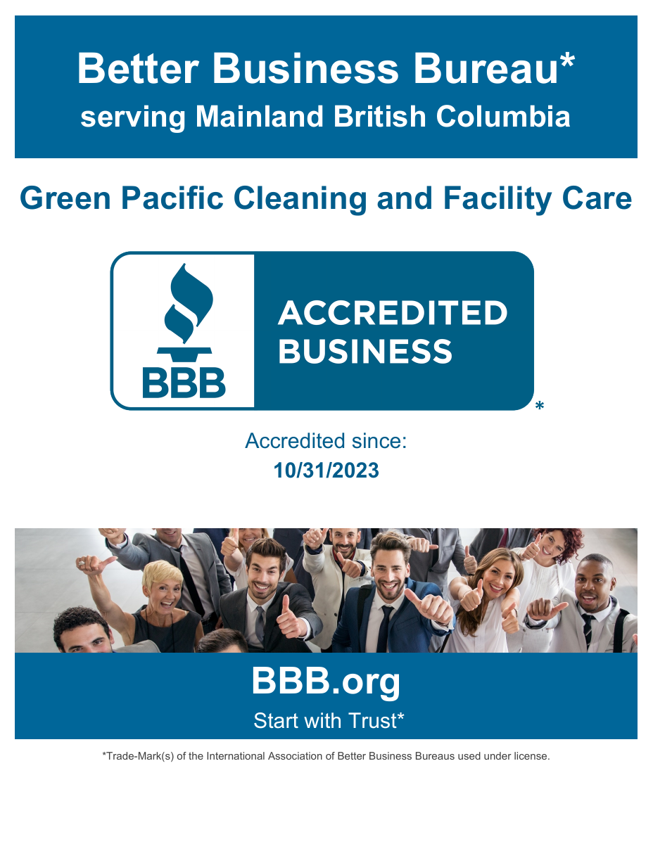 BBB accreditation certificate for Green Pacific Cleaning and Facility Care, accredited since October 31, 2023